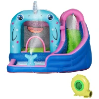Outsunny 5-in-1 Inflatable Water Slide, Narwhal Theme Bounce House with Climbing Wall, Water Cannon, Water Pool, Trampoline, Repair Patch and 450W Air Blower(m-17)