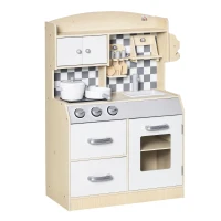 Qaba Kids Wooden Play Kitchen Set, Pretend Cooking Toy with Drawers, Faucet, Sink, Pots, Natural Wood(m-1)