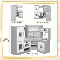 Qaba Corner Play Kitchen, Pretend Play Kitchen Set with Lights & Sounds, Stove Ice Maker Microwave Oven(m-3)