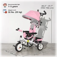 Qaba 6 in 1 Toddler Tricycle Stroller with Basket, Canopy, 5-point Safety Harness, for 12-60 Months, Pink(m-3)