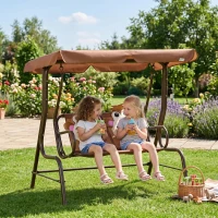 Outsunny 2-Seat Kids Porch Swing Chair, Children Outdoor Patio Furniture Lounge Chair for Garden, with Adjustable Canopy, Seat Belt, Monkey Pattern, for 3-6 Years Old, Coffee(m-8)