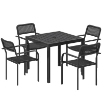 Outsunny Outdoor Dining Set for 4, Faux Wood Metal Patio Table and Stackable Chairs with Plastic Rattan Effect Seat, Black(m-2)