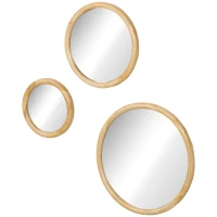 HOMCOM Set of 3 Wood Wall Mirror, Home Modern Round Mirror for Wall in Living Room, Bedroom, Natural(m-11)