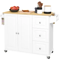 HOMCOM Kitchen Island with Drop Leaf, Rolling Kitchen Cart on Wheels with 3 Drawers, Cabinet, Natural Wood Top, Spice Rack and Towel Rack, White(m-12)