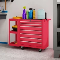 HOMCOM 7-Drawer Rolling Tool Chest with Detachable Side Shelf, Lockable Tool Cabinet Box Organizer with Wheels, Red(m-8)
