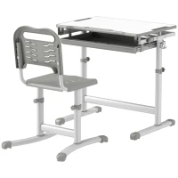 Qaba Height Adjustable Study Table and Chair Set with Drawer, Pen Slot, Tiltable Desktop, Hook, Grey(m-2)