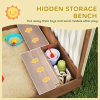Qaba Kids Wooden Sandbox with Canopy Fully Covered, 2 Bench Seats, Bottom Liner, 56" x 40" x 52", Brown(m-7)