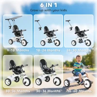 Qaba 6 in 1 Kids Tricycle with Removable Handlebar and Canopy, White(m-4)