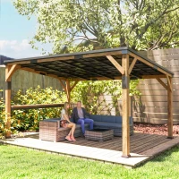 Outsunny 10' x 14' Wooden Gazebo, Hardtop Lean-to Gazebo Pergola with Galvanized Steel Sloped Roof, Bar Shelf, Natural Wood(m-9)