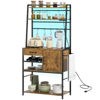 HOMCOM Industrial Kitchen Shelves with Charging Station and LED Lights, Kitchen Storage Rack with Barn Door, Rustic Brown(m-1)