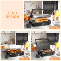 HOMCOM 4 Slice Panini Press Grill, Stainless Steel Sandwich Maker with Non-Stick Double Plates, Locking Lids and Drip Tray, Opens 180 Degrees to Fit Any Type or Size of Food 13"x10.25"x4.75"(m-18)
