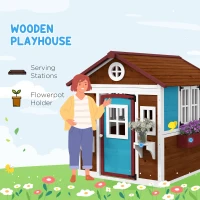Outsunny Wooden Playhouse for Kids Outdoor with Door, Windows, Planter Pots and Boxes for Toddlers 3-8 Years, Dark Brown(m-4)