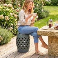 Outsunny 12.5" x 18" Ceramic Garden Stool with Woven Lattice Design & Glazed Strong Materials Decorative Outdoor Stool, Green(m-8)
