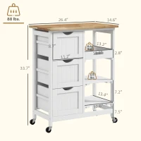 HOMCOM Rolling Kitchen Cart, Kitchen Island with Wood Top, Shelves & Drawers for Dining Area, White(m-3)