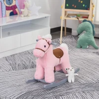 Qaba Kids Rocking Horse Plush Animal on Wooden Rockers with Sounds, Wooden Base and Bear Toy, Baby Rocking Chair, Pink(m-8)