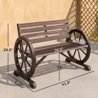 Outsunny 41" Wooden Wagon Wheel Bench, Rustic Outdoor Patio Bench Weather Resistance Furniture, 2-Person Slatted Seat with Backrest, Carbonized(m-3)