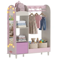 Qaba Kids Clothing Rack, Kids Wardrobe with Glowing Lights Mirror, Non-Woven Drawer and Shelves for Bedroom, Ages 3-8, Pink(m-13)