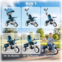 Qaba 6 in 1 Toddler Tricycle Stroller with Basket, Canopy, 5-point Safety Harness, for 12-60 Months, Blue(m-4)