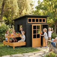 Qaba Outdoor Playhouse, Wooden Kids Playhouse w/ Picnic Table & Benches, Chalkboards, Half Door, Windows, for Kids Ages 3-8(m-2)