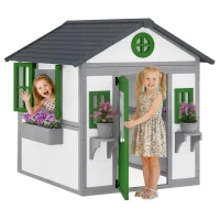 Outsunny Wooden Playhouse for Kids Outdoor with Door, Windows, Planter Pots and Boxes for Toddlers 3-8 Years, White(m-9)