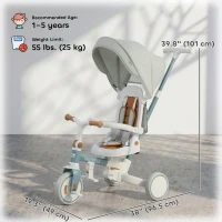 Qaba 9 in 1 Toddler Tricycle with Safety Harness, Adjustable & Removable Parent Handle, Canopy, Storage Bag, Brake, Blue(m-3)