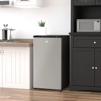 HOMCOM Mini Fridge with Freezer, Compact Mini Refrigerator with 3.3Cu Ft Capacity, Adjustable Shelves and Temperature and Reversible Door for Bedroom, Black/Silver(m-16)