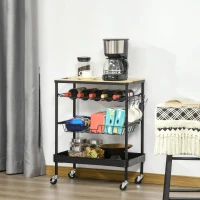 HOMCOM Rolling Kitchen Cart, 3-Tier Utility Storage Trolley with Wine Rack, Mesh Drawer and Side Hooks for Dining Room, Black/Natural(m-16)