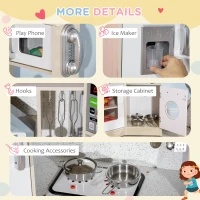 Qaba Wooden Play Kitchen with Lights Sounds, Corner Kids Kitchen Playset with Play Phone, Ice Maker, Microwave, Range Hood, Refrigerator, Utensils, For Ages 3-6 Years Old, White(m-6)