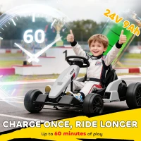 Qaba 24V Electric Go Kart with Dual 150W Motors, Adjustable Seat & 11.2MPH High Speed, Slow Start, 5-Point Harness, White(m-5)