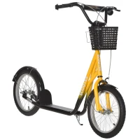 Aosom Youth Scooter, Kick Scooter with Adjustable Handlebars, Double Brakes, 16" Inflatable Rubber Tires, Basket, Cupholder, Orange(m-1)