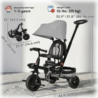 Qaba Tricycle for Toddler 5 in 1 Kids Trike, Foldable Converts Stroller to Toddler Bike, Adjustable Backrest & Curved Canopy, Detachable Guardrail & Handle for 1-5 Years Old, Grey(m-3)