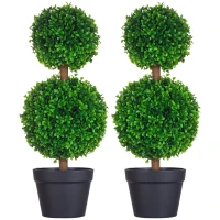HOMCOM 2 Pcs 23.6" Artificial Boxwood Ball Topiary Tree Set of 2 Fake Plants in Pot with Double Ball-Shaped Leaves Green(m-11)