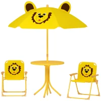 Qaba Kids Picnic Table and Chair Set, Outdoor Activity Table with Foldable Chairs, Height Adjustable Umbrella, Yellow(m-1)