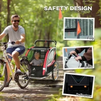 Aosom 2 Seat Bike Trailer for Kids 2-in-1 Double Baby Stroller with Handbrake, Rubber Wheels, 5 Point Harness, Waterproof Cover, Storage Bag, Reflectors, Red(m-10)