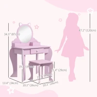 Qaba Makeup Vanity with Mirror and Stool, Cat Design, Drawer, Storage Boxes, for 3-6 Years Old, Pink(m-3)