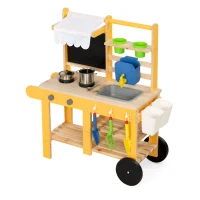 Qaba Mud Kitchen for Kids Outdoor with Wheels, Wooden Play Kitchen with Sink, Storage, Planting Pots, Blackboard, Yellow(m-11)