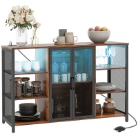 HOMCOM LED Wine Cabinet with Charging Station Glass Holders, Open Shelves, Rustic Brown(m-11)