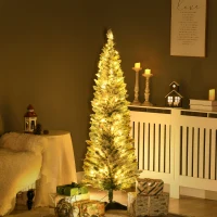 HOMCOM 5ft Pencil Christmas Tree, Slim Artificial Christmas Tree with Realistic Branches and Warm White LED Lights, Green(m-10)