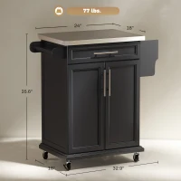 HOMCOM Kitchen Island on Wheels, Rolling Kitchen Cart with Stainless Steel Countertop, Drawer, Towel Rack and Spice Rack, Utility Storage Trolley, Black(m-3)