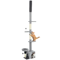 PawHut Floor to Ceiling Cat Tree, 4 Tiers Tall Kitty Climbing Tower with Scratching Post, Adjustable Height 87-100"(m-9)
