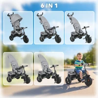 Qaba 6 in 1 Tricycle for Toddler 1-5 Years with Parent-Push Handle, Grey(m-4)