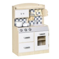 Qaba Kids Wooden Play Kitchen Set, Pretend Cooking Toy with Drawers, Faucet, Sink, Pots, Natural Wood(m-11)
