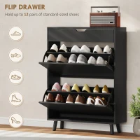 HOMCOM Narrow Shoe Cabinet for Entryway with 2 Flip Drawers, Top Drawer and Adjustable Shelves for 12 Pairs of Shoes, Black(m-4)