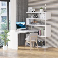 HOMCOM 94" 5 Tier L-Shaped Computer Desk Rotating Writing Table Corner Desk with Display Shelves and Stainless Steel Frame, White(m-2)