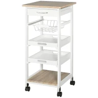 HOMCOM Mobile Kitchen Cart, Rolling Kitchen Island with Storage, Utility Cart with Wire Fruit Baskets, Trays and Drawer, White(m-11)