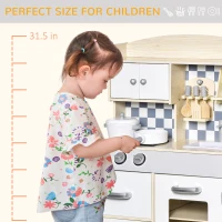 Qaba Kids Wooden Play Kitchen Set, Pretend Cooking Toy with Drawers, Faucet, Sink, Pots, Natural Wood(m-6)