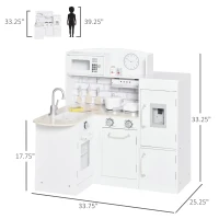 Qaba Corner Kids Kitchen Playset, Wooden Pretend Toy Kitchen Set with Drinking Fountain, Microwave, Fridge and Accessories, Pretend Play Kitchen for 3+ Years, White(m-3)