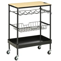 HOMCOM Rolling Kitchen Cart, 3-Tier Utility Storage Trolley with Wine Rack, Mesh Drawer and Side Hooks for Dining Room, Black/Natural(m-1)