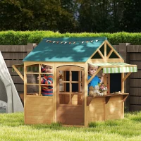 Qaba Wooden Foldable Outdoor Playhouse for Kids Ages 3-8, Snack Bars, Working Door, Rain Covers, Blackboards, Brown(m-1)