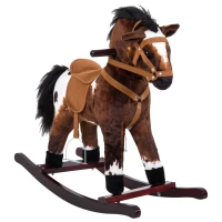 Qaba Kids Wooden Plush Ride-On Rocking Horse Chair Toy with Realistic Sounds Dark Brown/White(m-1)